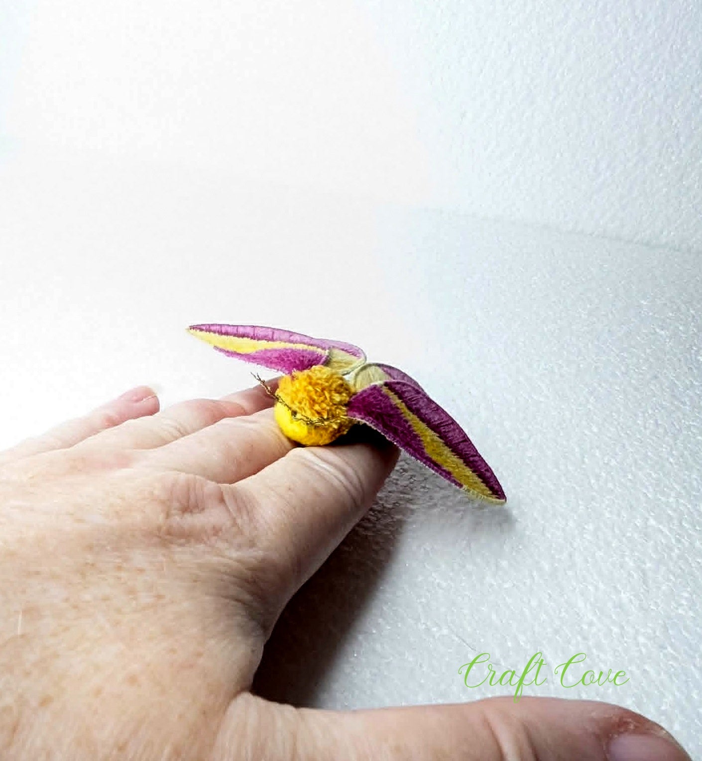 Rosy Maple Moth Hand-Embroidered Brooch – Stumpwork Textile Art