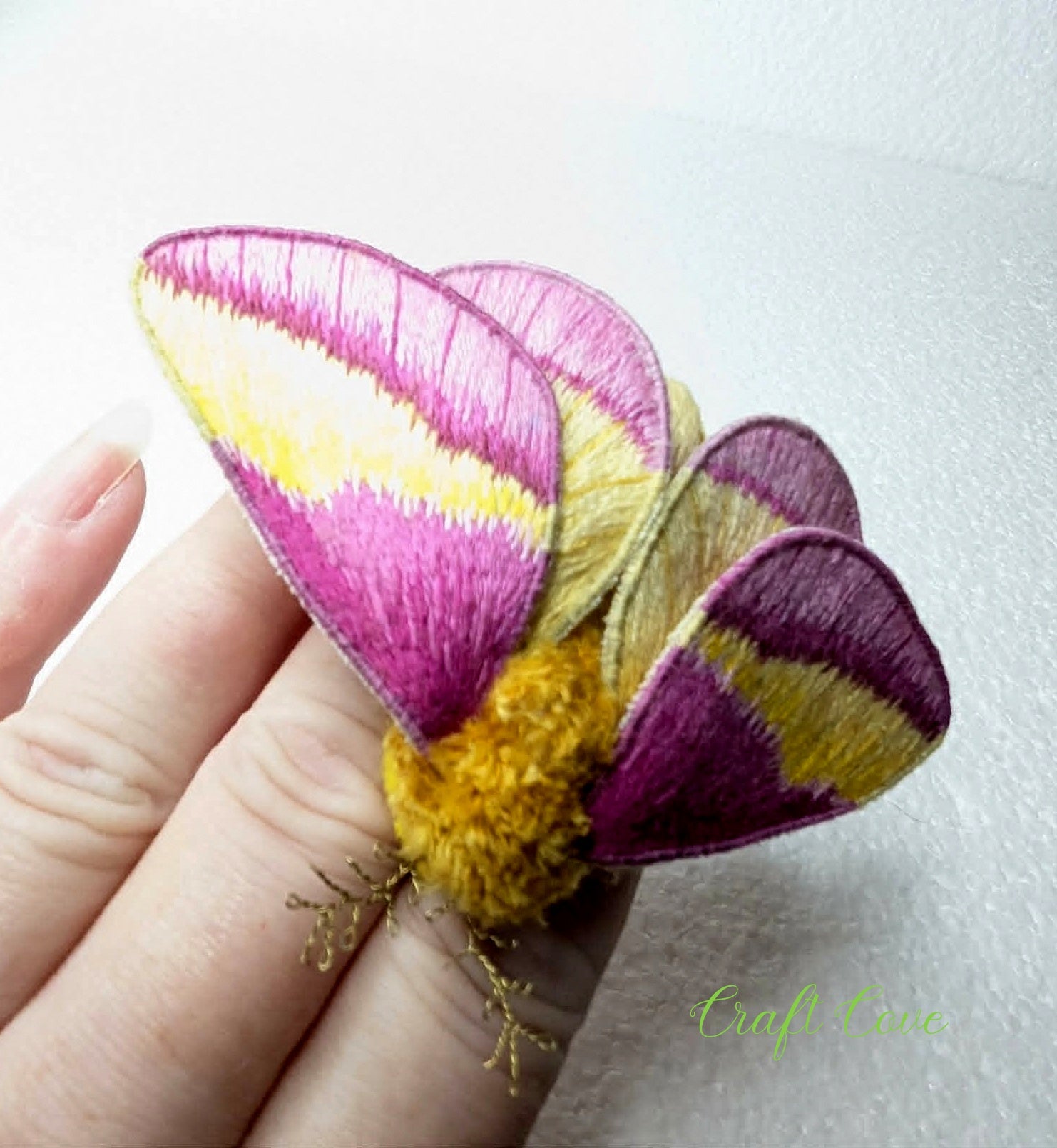 Rosy Maple Moth Hand-Embroidered Brooch – Stumpwork Textile Art