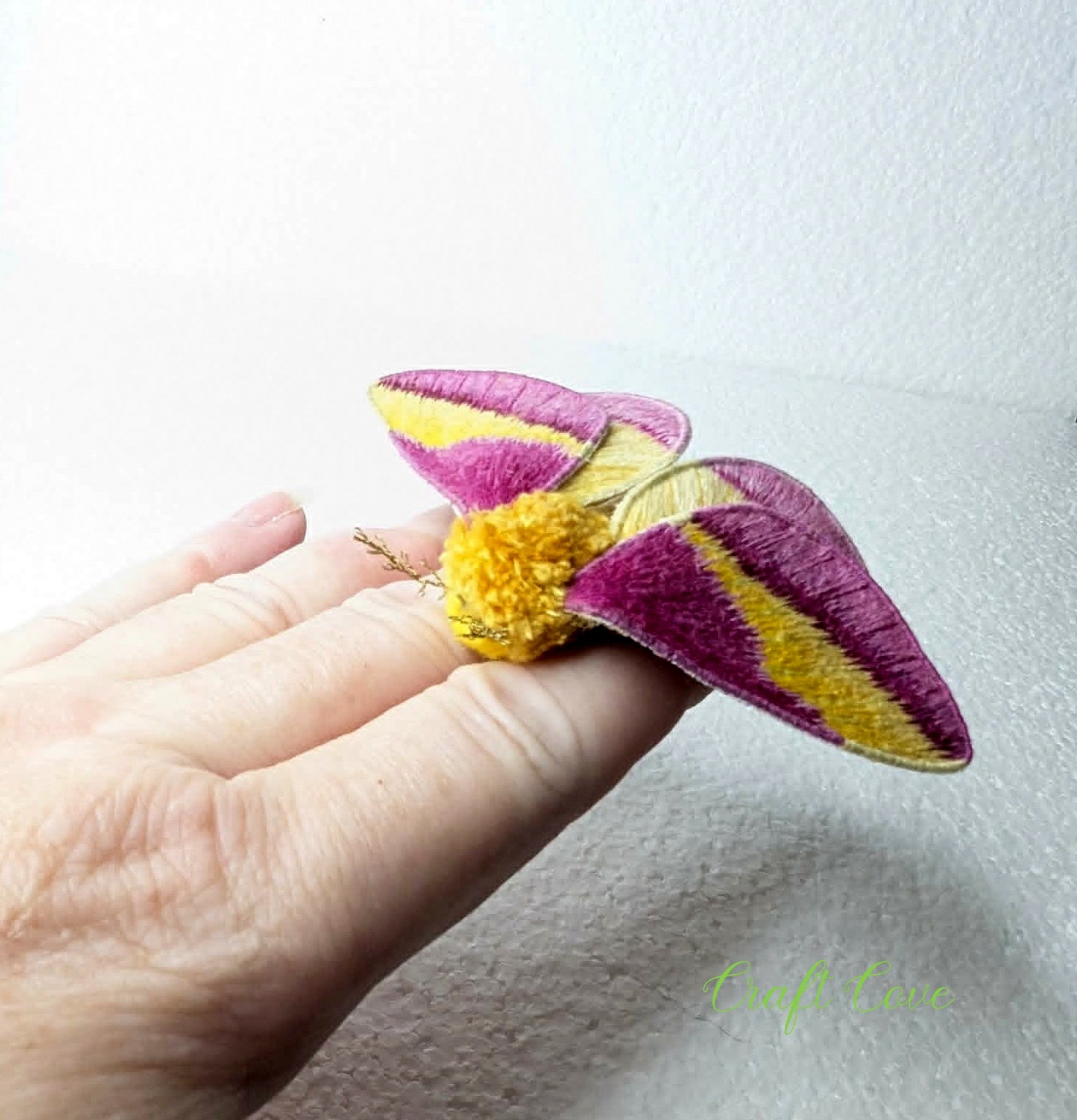 Rosy Maple Moth Hand-Embroidered Brooch – Stumpwork Textile Art