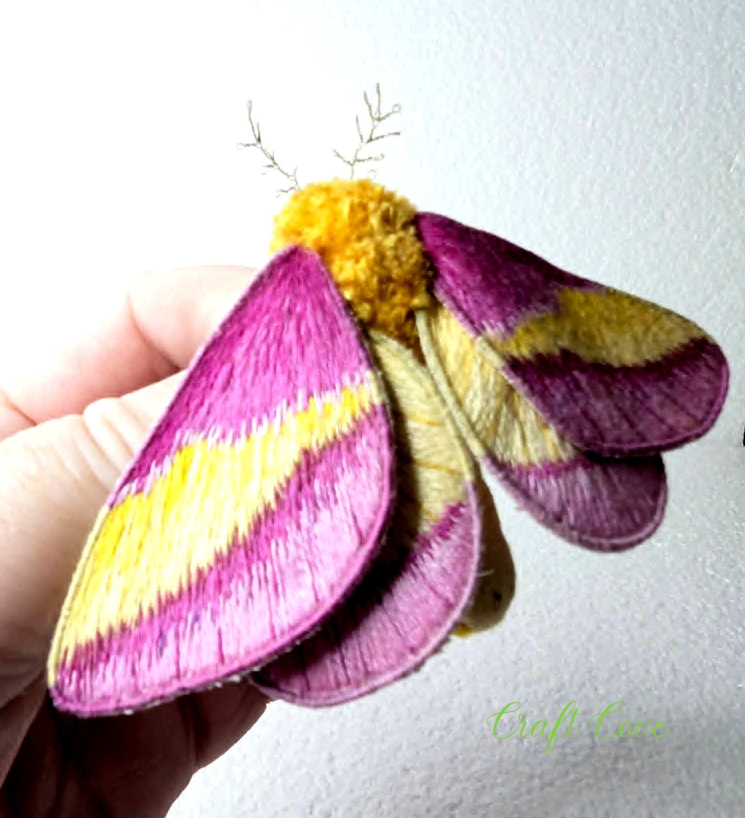 Rosy Maple Moth Hand-Embroidered Brooch – Stumpwork Textile Art