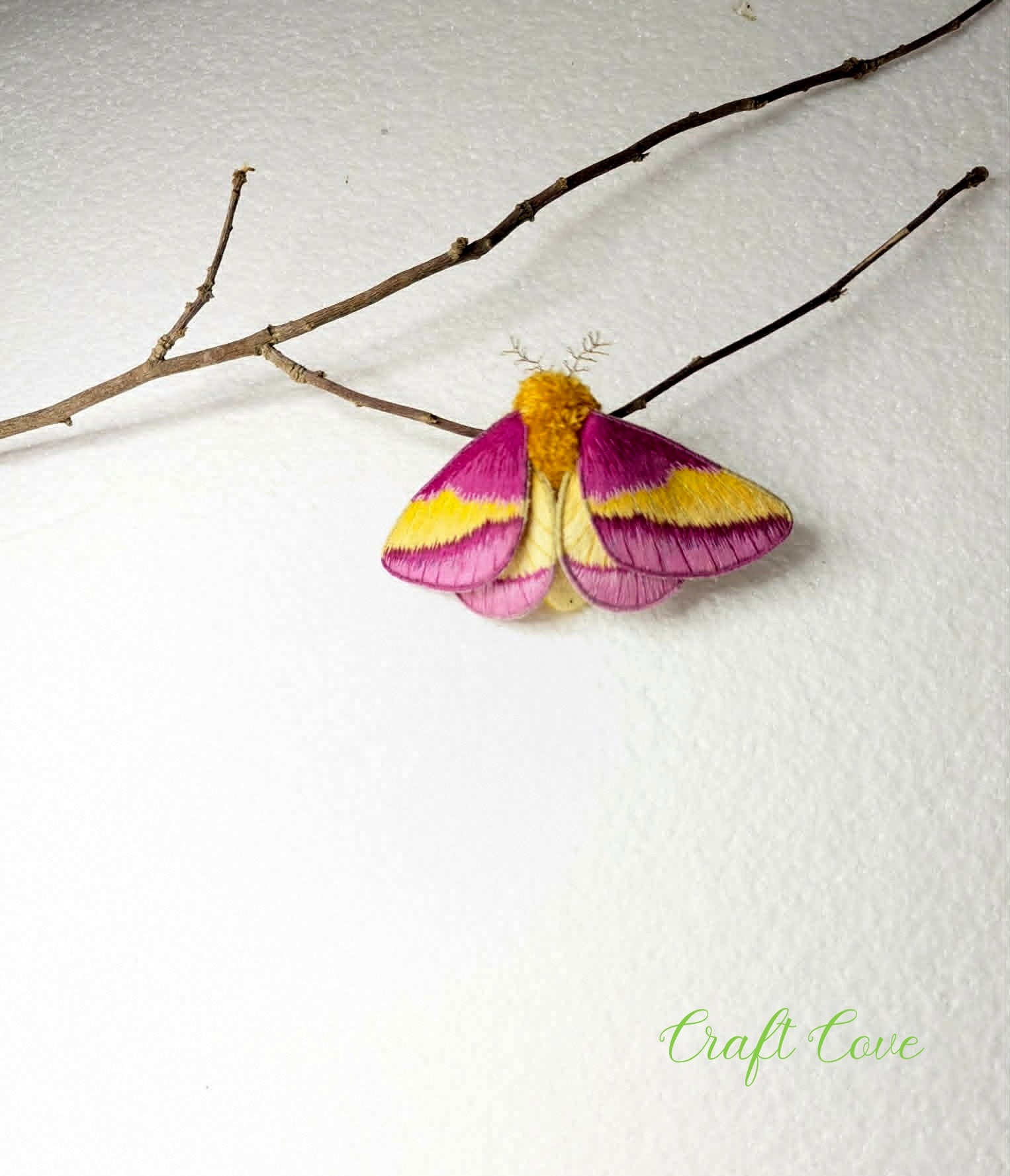 Rosy Maple Moth Hand-Embroidered Brooch – Stumpwork Textile Art