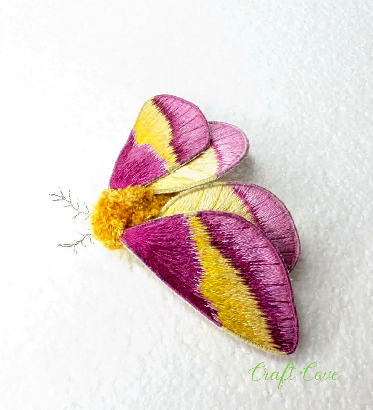 Rosy Maple Moth Hand-Embroidered Brooch – Stumpwork Textile Art