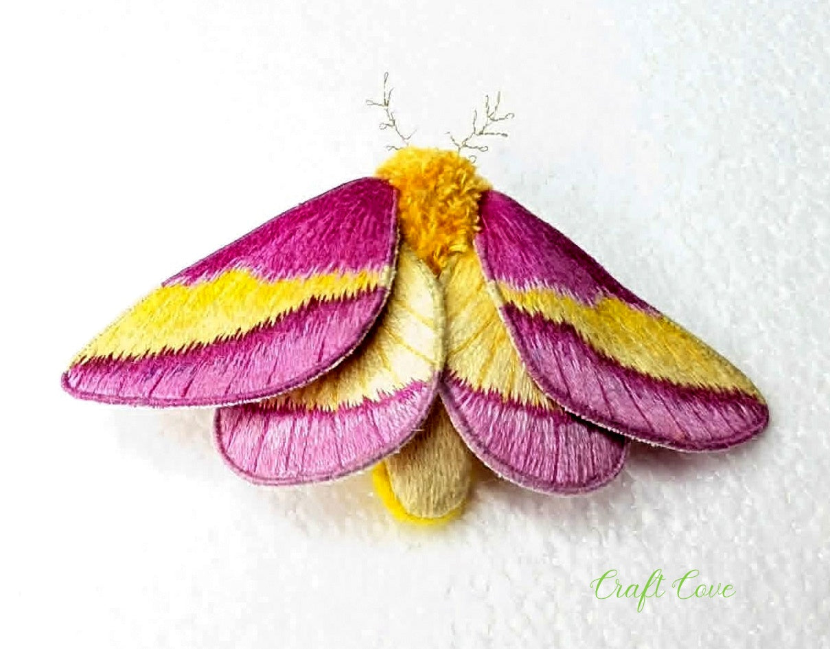 Rosy Maple Moth Hand-Embroidered Brooch – Stumpwork Textile Art