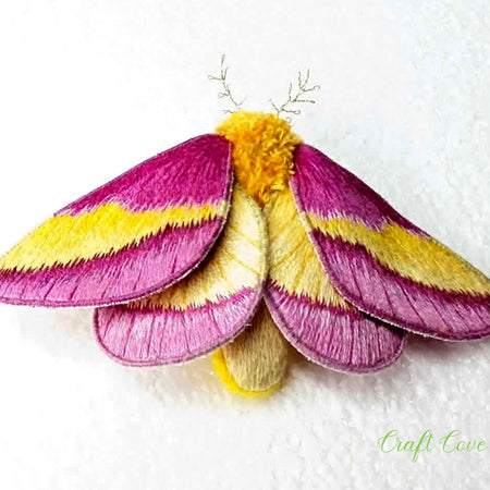 Rosy Maple Moth Hand-Embroidered Brooch – Stumpwork Textile Art
