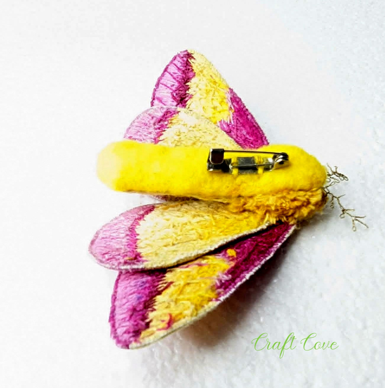 Rosy Maple Moth Hand-Embroidered Brooch – Stumpwork Textile Art