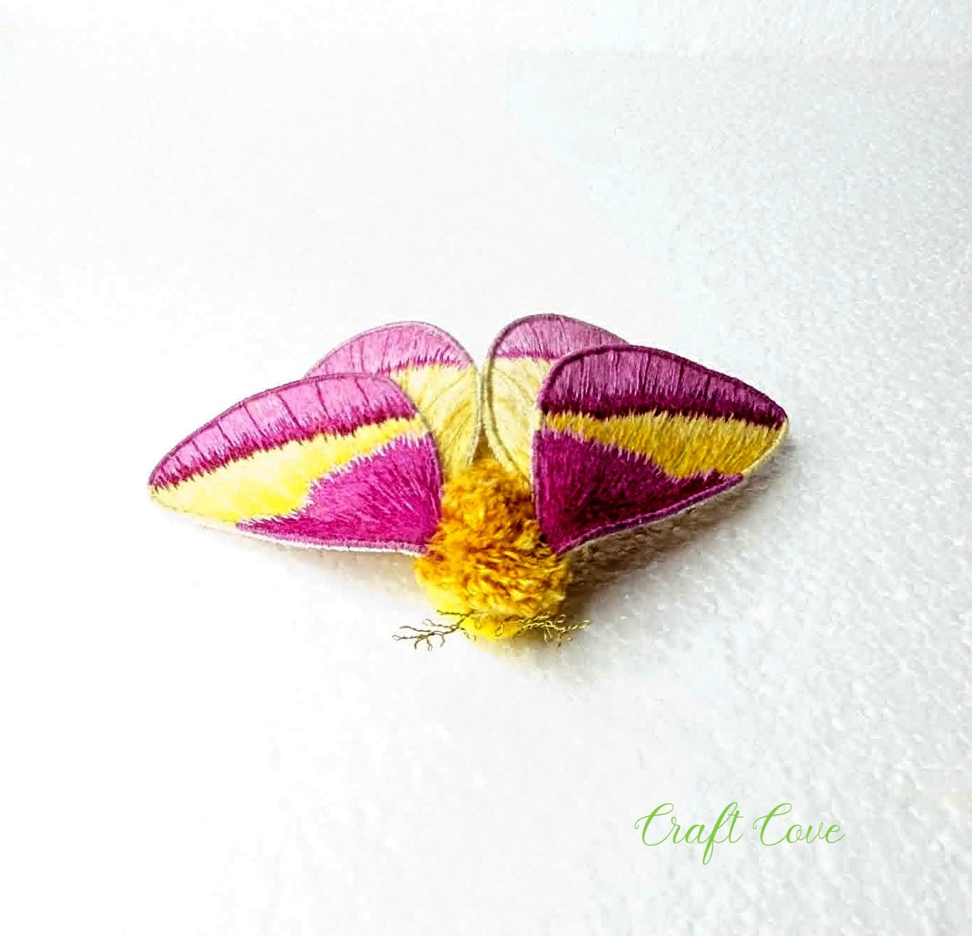 Rosy Maple Moth Hand-Embroidered Brooch – Stumpwork Textile Art