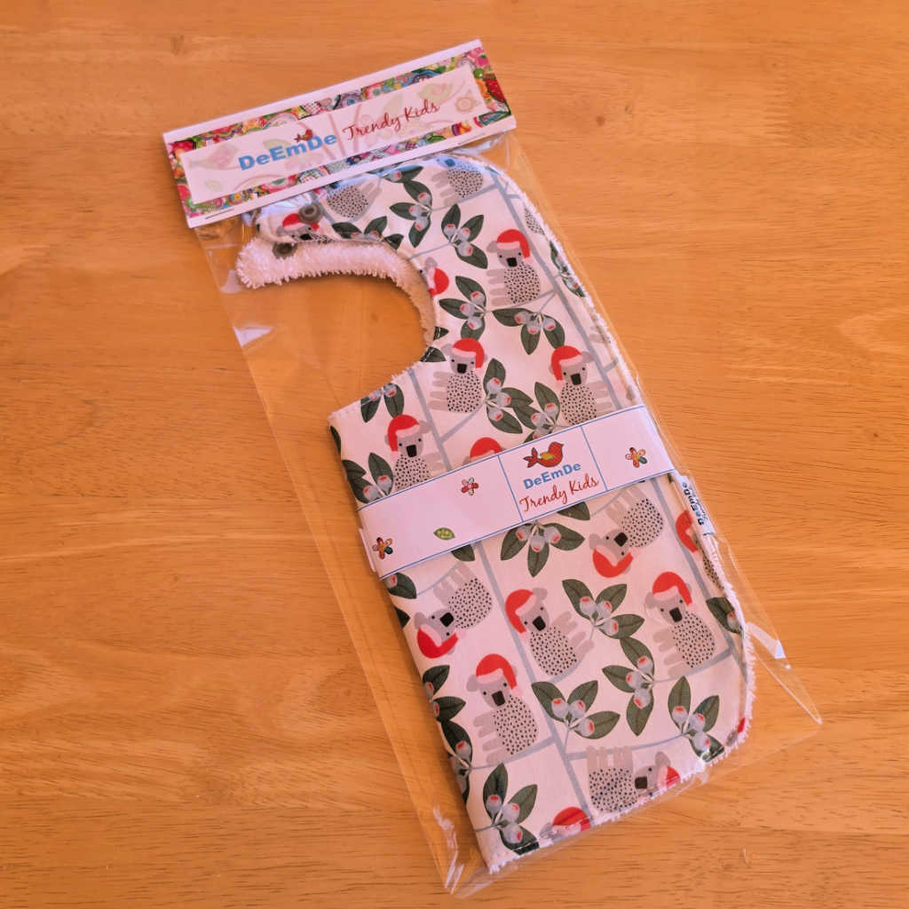 Handmade Australiana Christmas Baby Bib – Koalas in Gum Trees