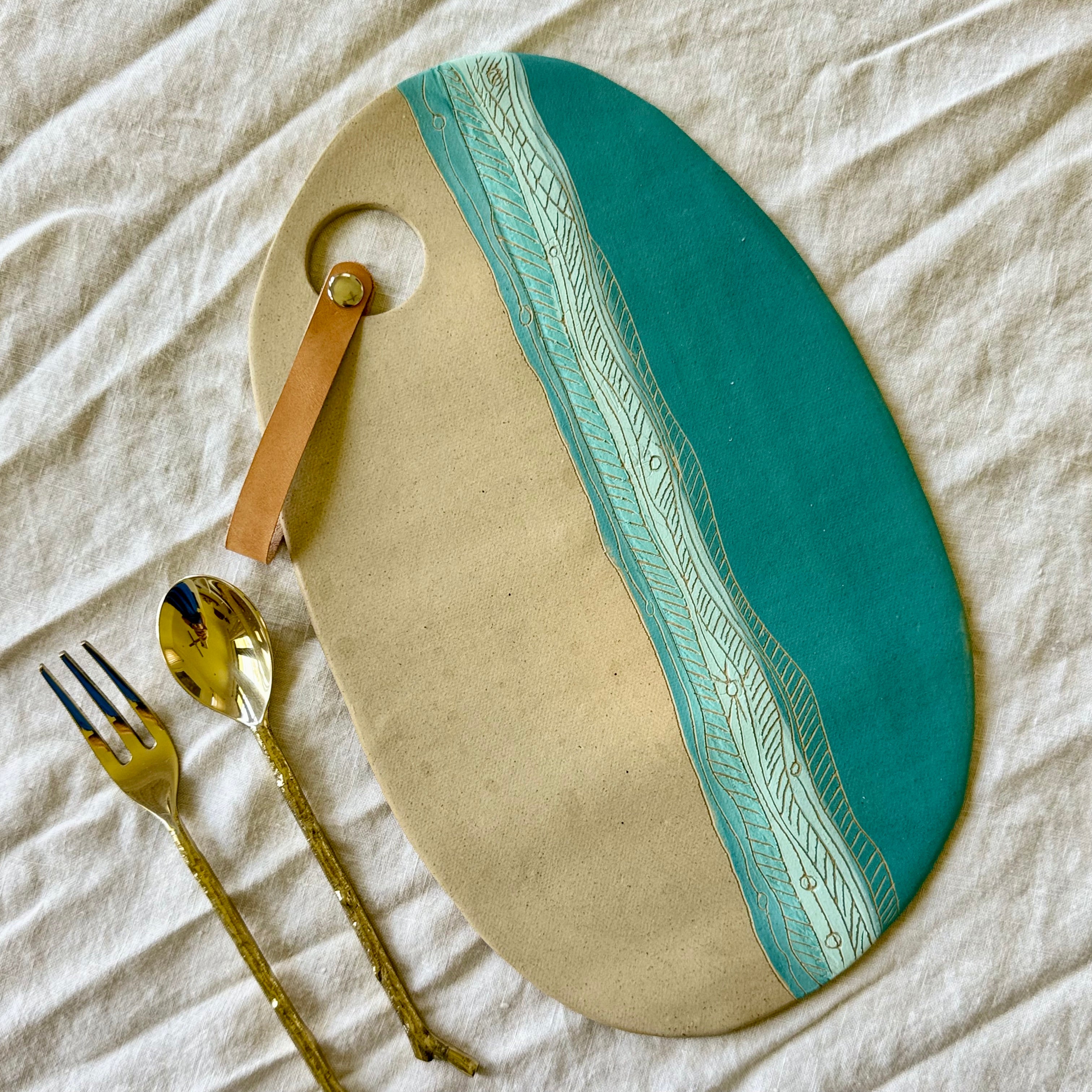 Handmade Ceramic Charcuterie Board + Leather Snap |  Tides | Coastal Pottery