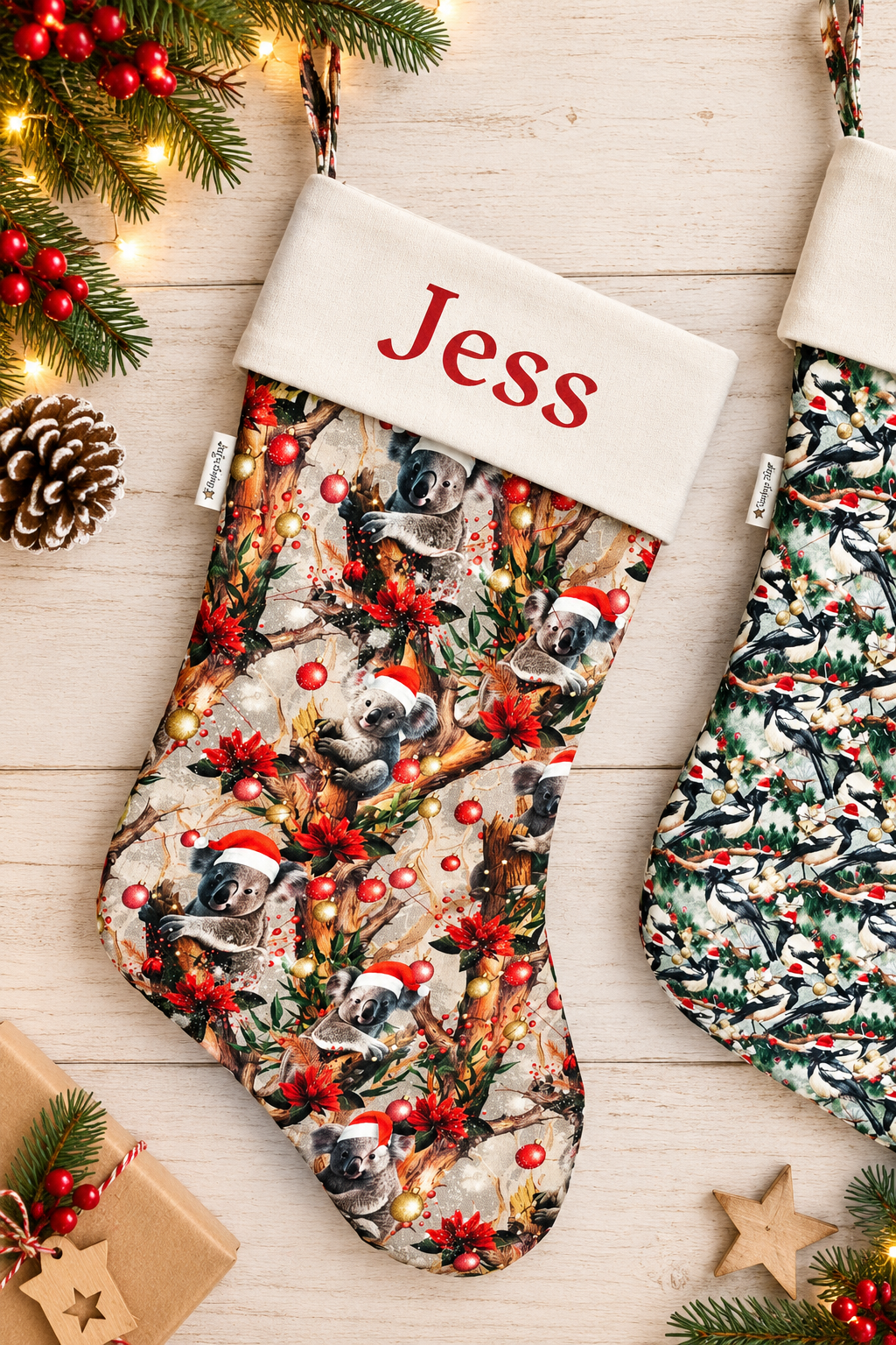 Personalized Quilted Christmas Stocking, 60cm Long, Australian Animals (Koala, Kangaroo, Magpie)