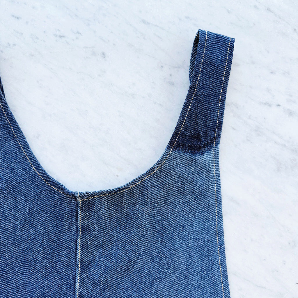 Up cycled denim Japanese style cross back kitchen apron. Crafting, gardening, no ties apron.