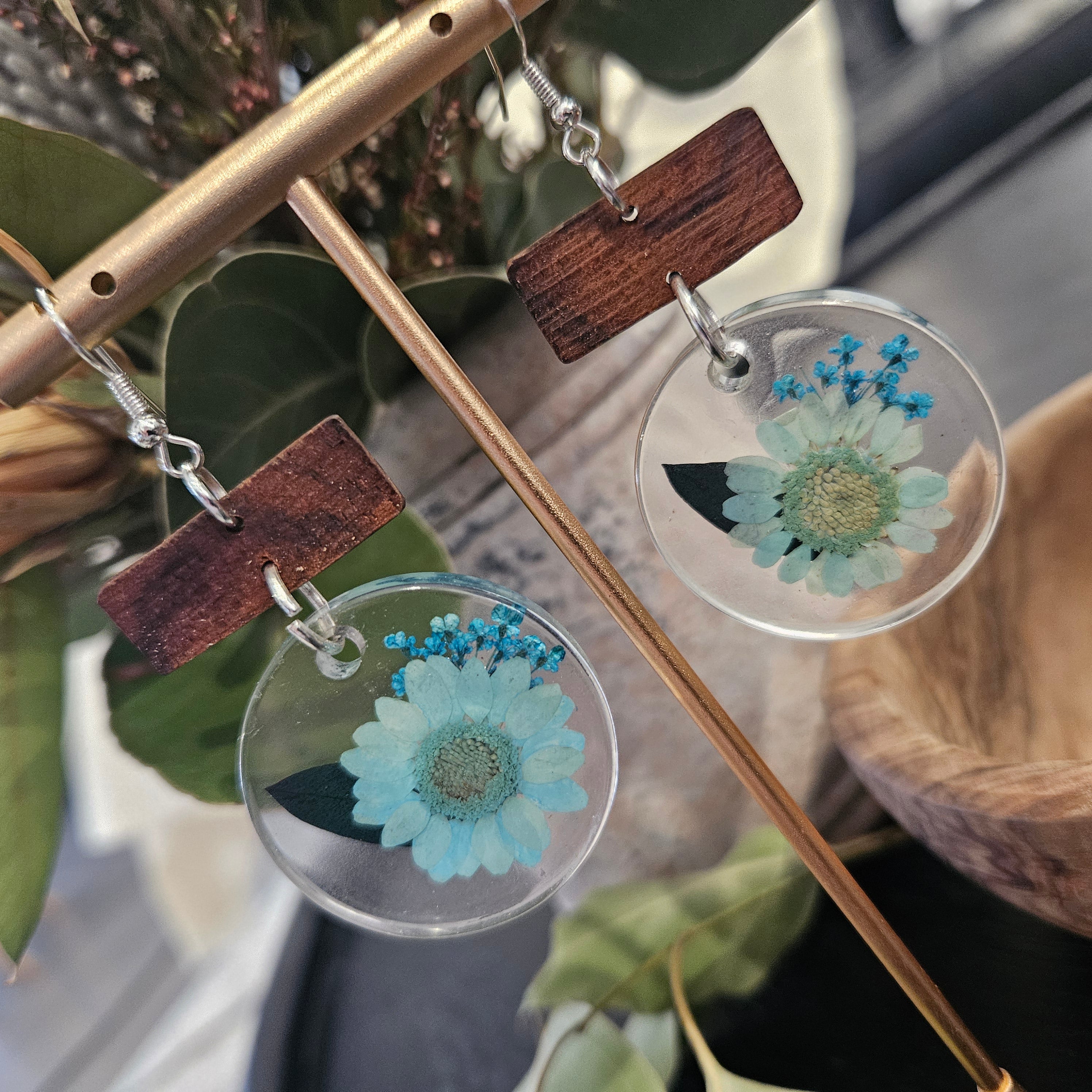 Handmade Blue Floral Resin Earrings 🌿