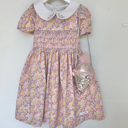 Girls' Vintage Floral Smocked Dresses with Hand Embroidered Collars