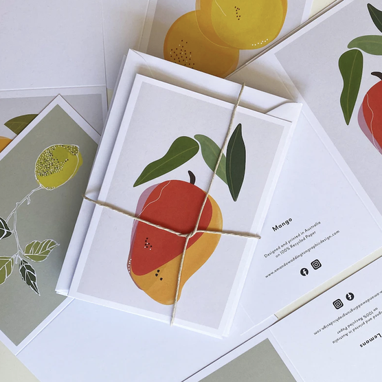 Set of 4 Fruit Illustration Greeting Cards: Mango, Apple, Lemon, Orange