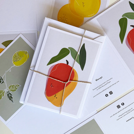 Set of 4 Fruit Illustration Greeting Cards: Mango, Apple, Lemon, Orange