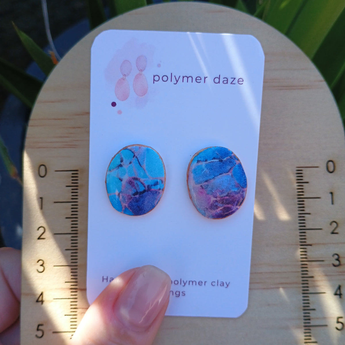 Polymer clay watercolour stud earring purple blue