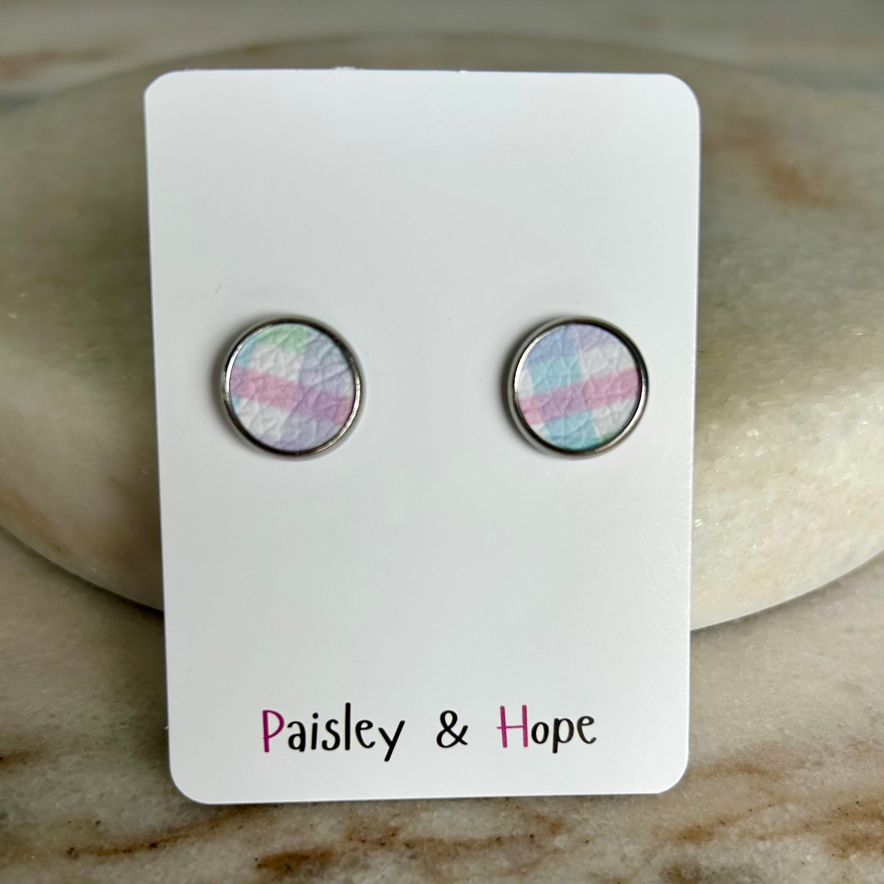 Gingham Faux Leather Bezel Style Studs - Choose size