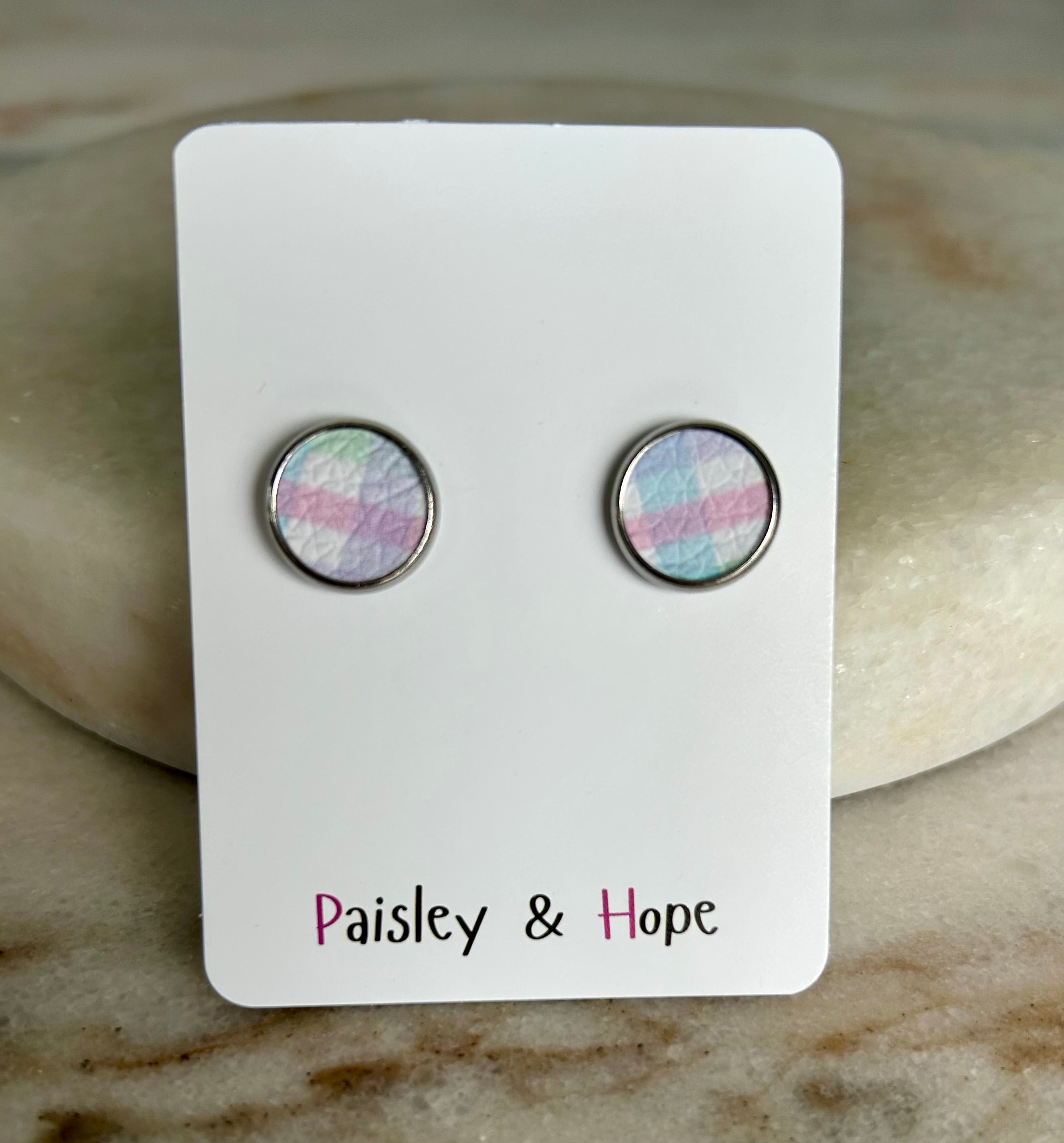 Gingham Faux Leather Bezel Style Studs - Choose size