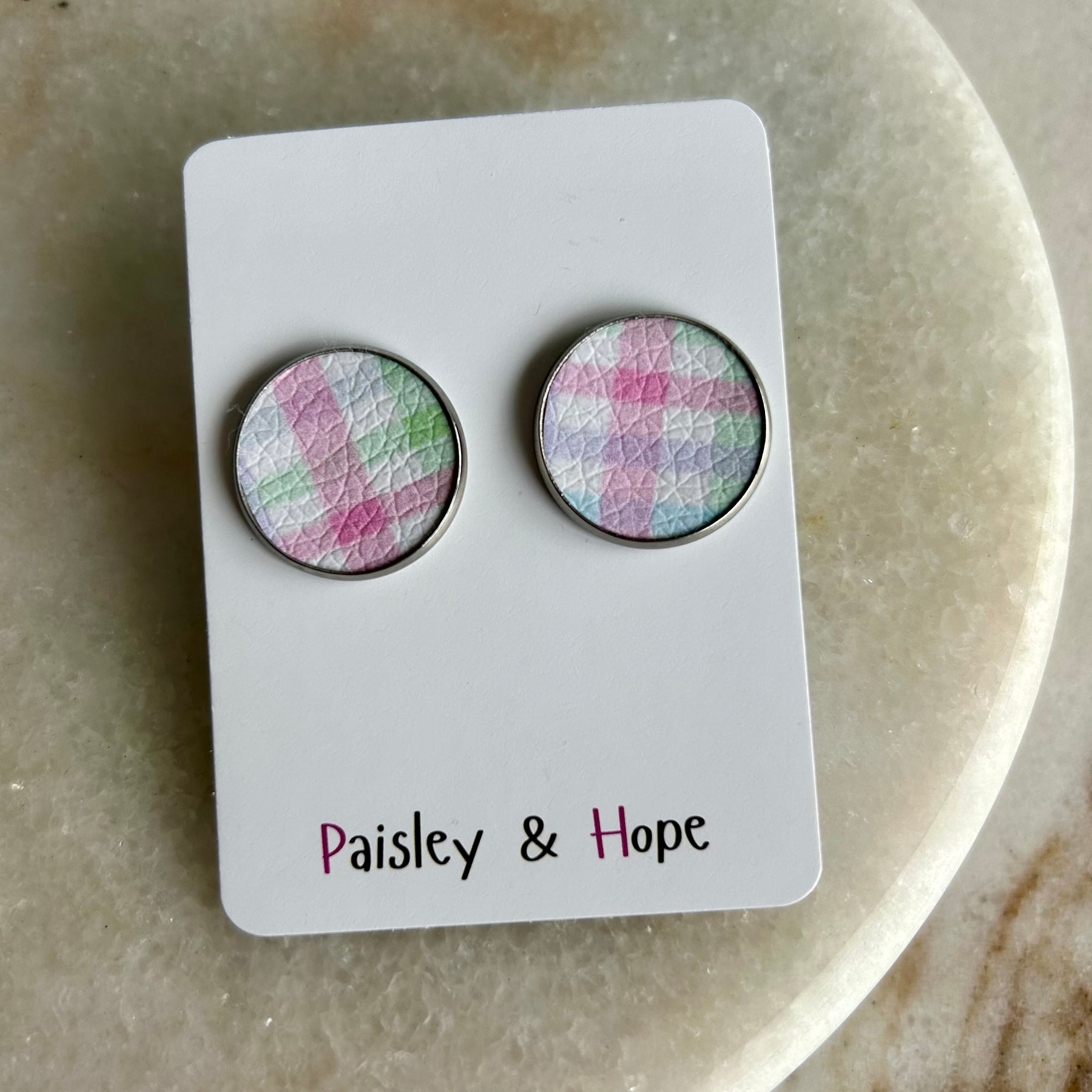 Gingham Faux Leather Bezel Style Studs - Choose size