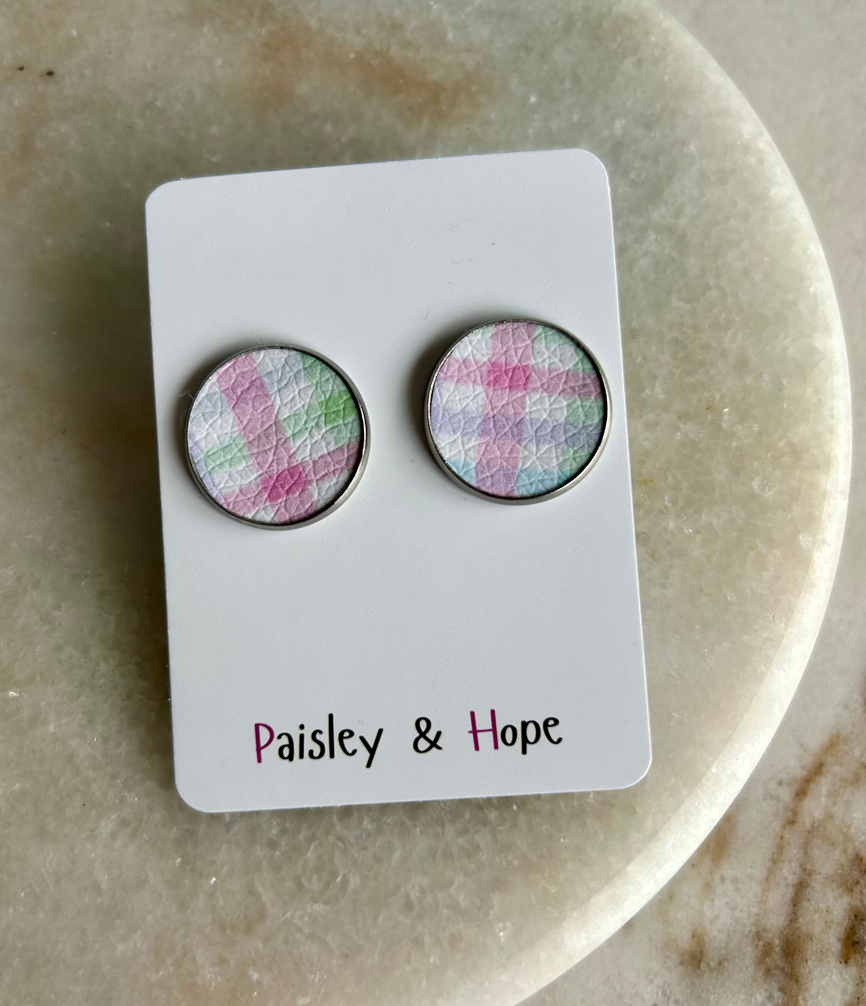 Gingham Faux Leather Bezel Style Studs - Choose size