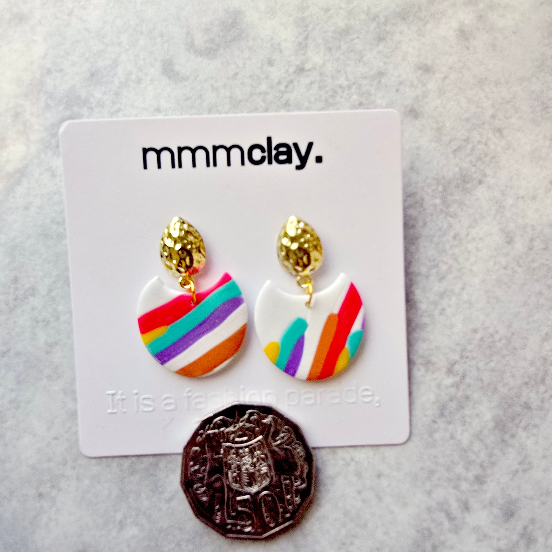 White Rainbow Striped Polymer Clay Drop Earrings