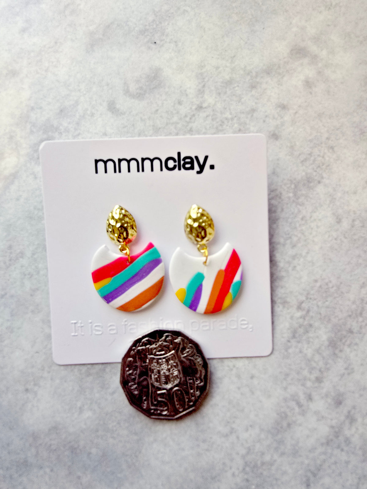 White Rainbow Striped Polymer Clay Drop Earrings