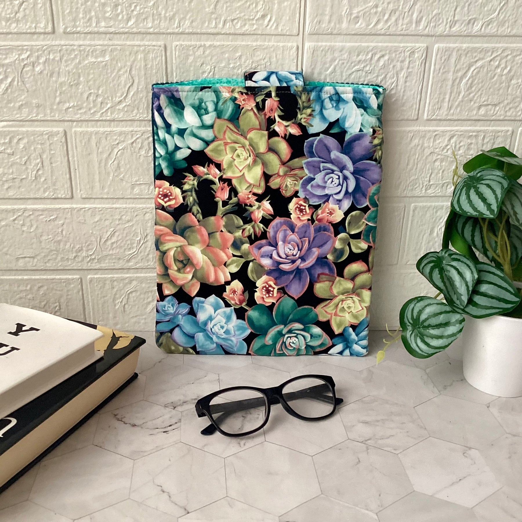 Succulent plants fabric book sleeve with 2 pockets. iPad, tablet pouch