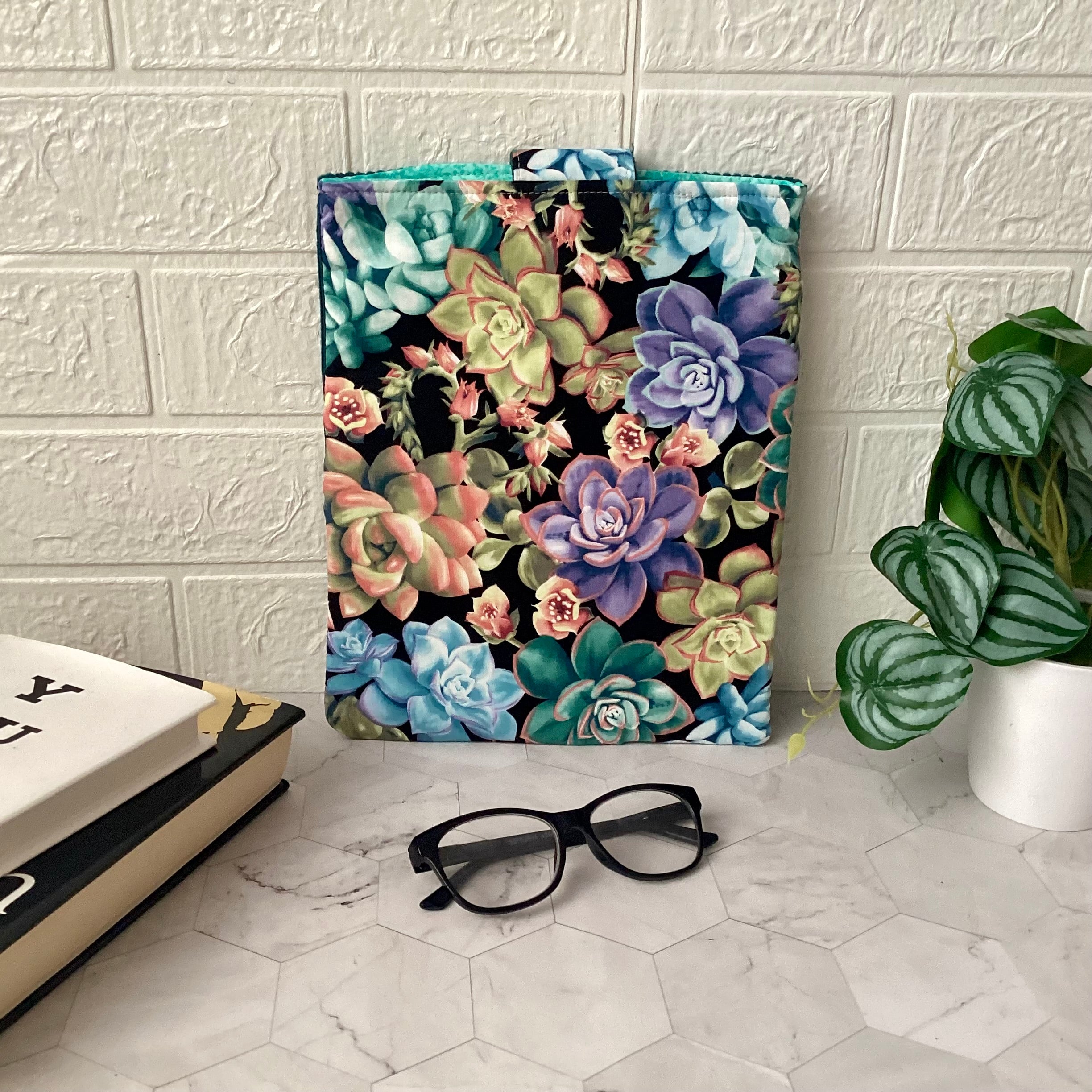 Succulent plants fabric book sleeve with 2 pockets. iPad, tablet pouch