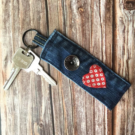 Upcycled Denim Key Fob - Red Heart