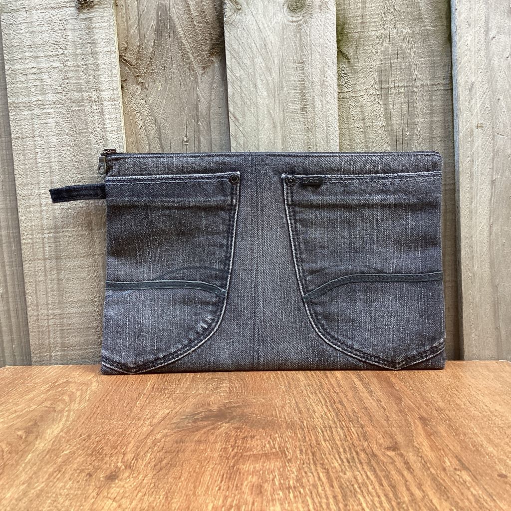 Upcycled Grey Denim Pencil Case – Back Pockets - Large