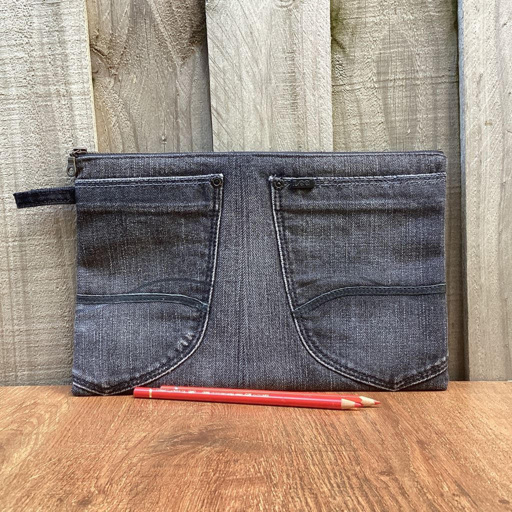 Upcycled Grey Denim Pencil Case – Back Pockets - Large