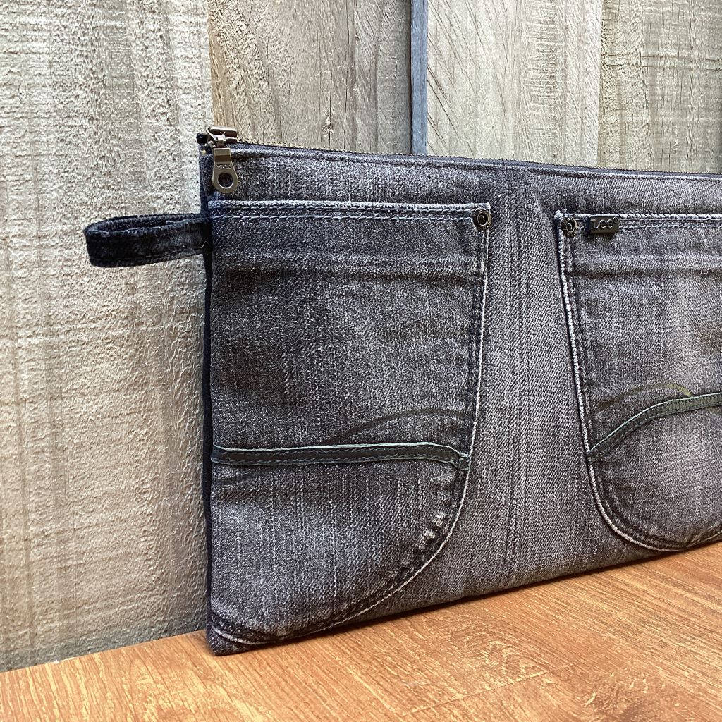 Upcycled Grey Denim Pencil Case – Back Pockets - Large