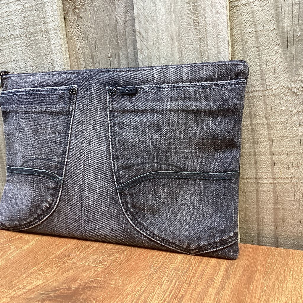 Upcycled Grey Denim Pencil Case – Back Pockets - Large