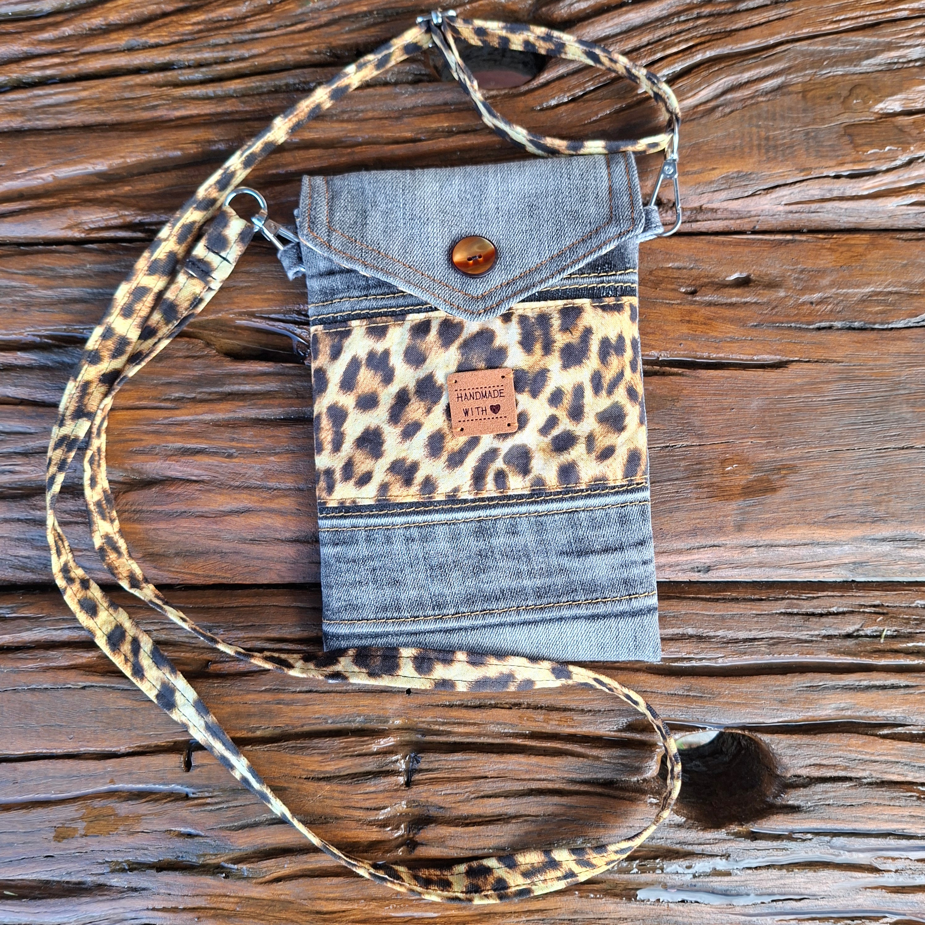 Recycled Faded Black Denim & Leopard Print Mobile Phone or Glasses Case