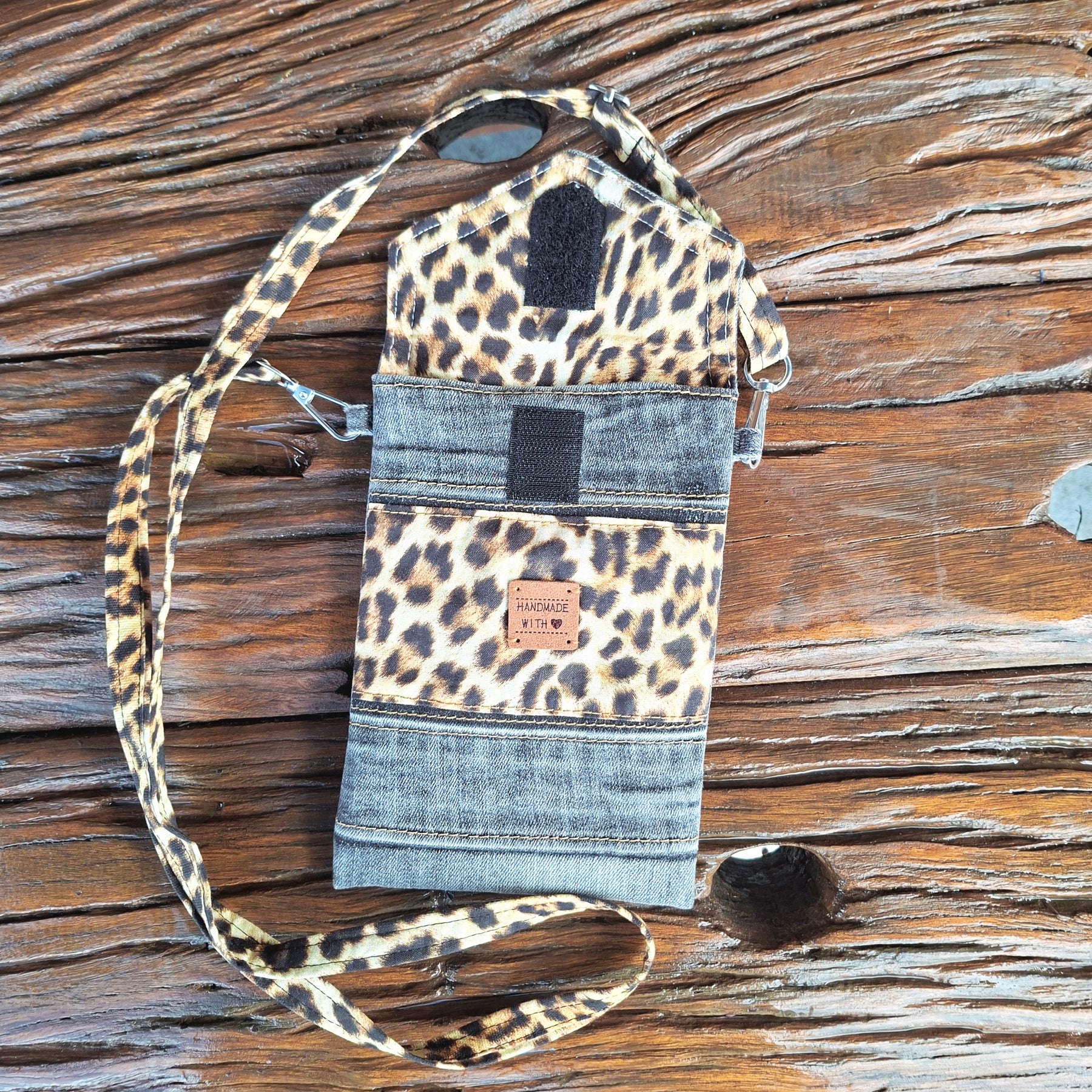 Recycled Faded Black Denim & Leopard Print Mobile Phone or Glasses Case