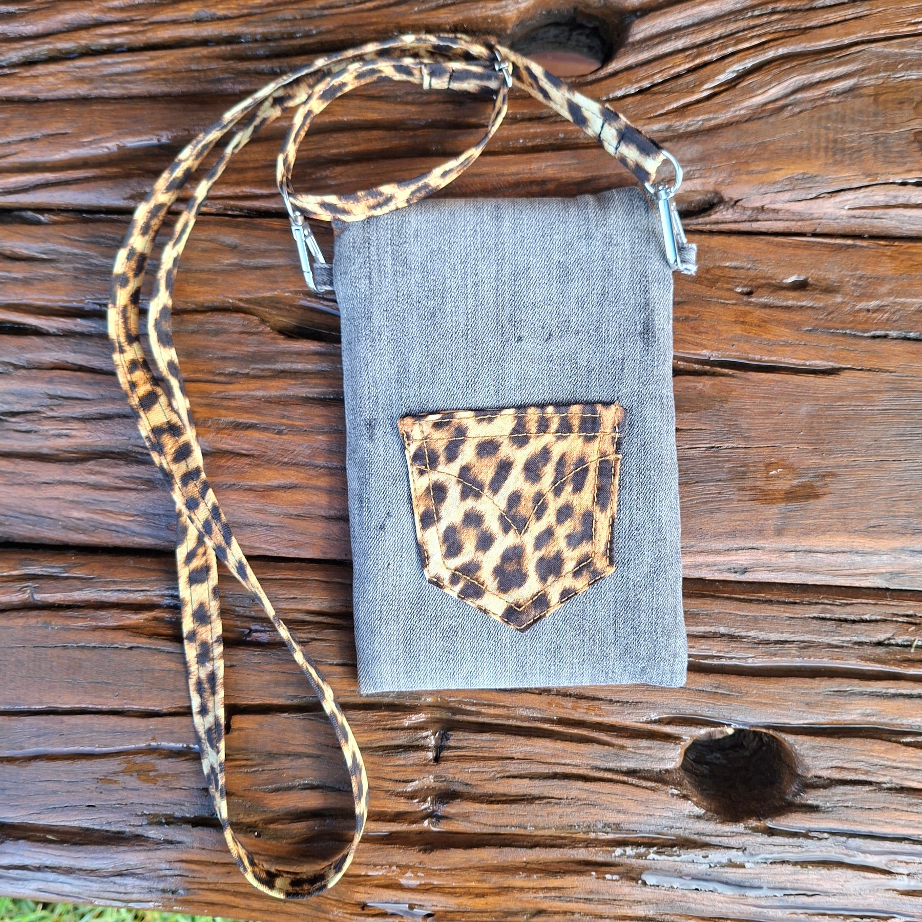 Recycled Faded Black Denim & Leopard Print Mobile Phone or Glasses Case
