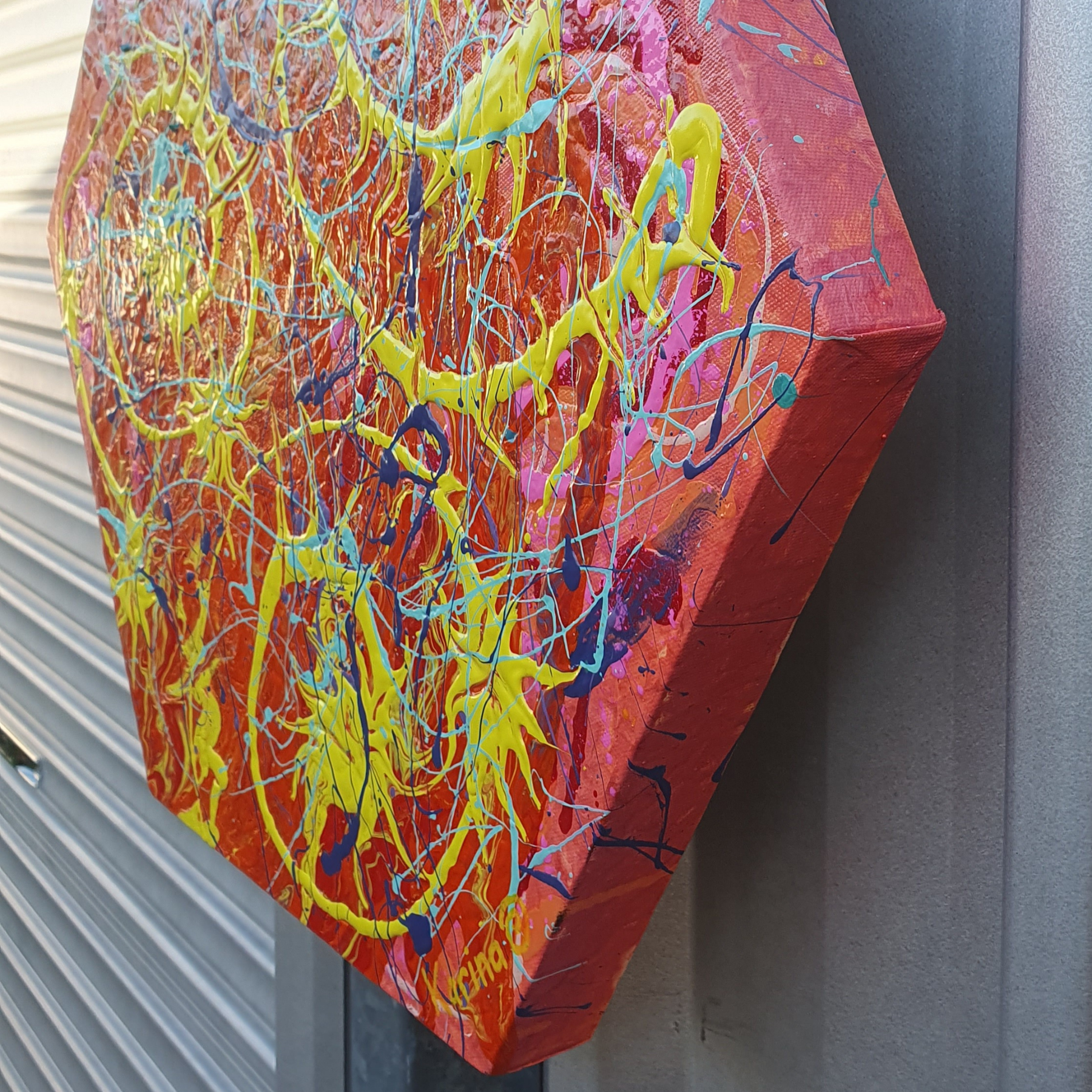 Solar Flare. Original Abstract, Hexagon Acrylic Canvas Painting.