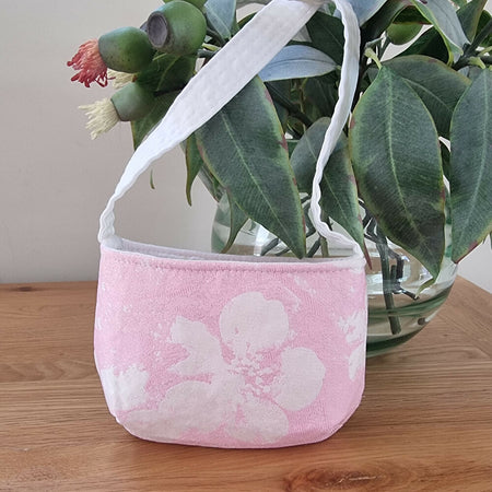 Child's upcycled mini shoulder bag - pink white flowers