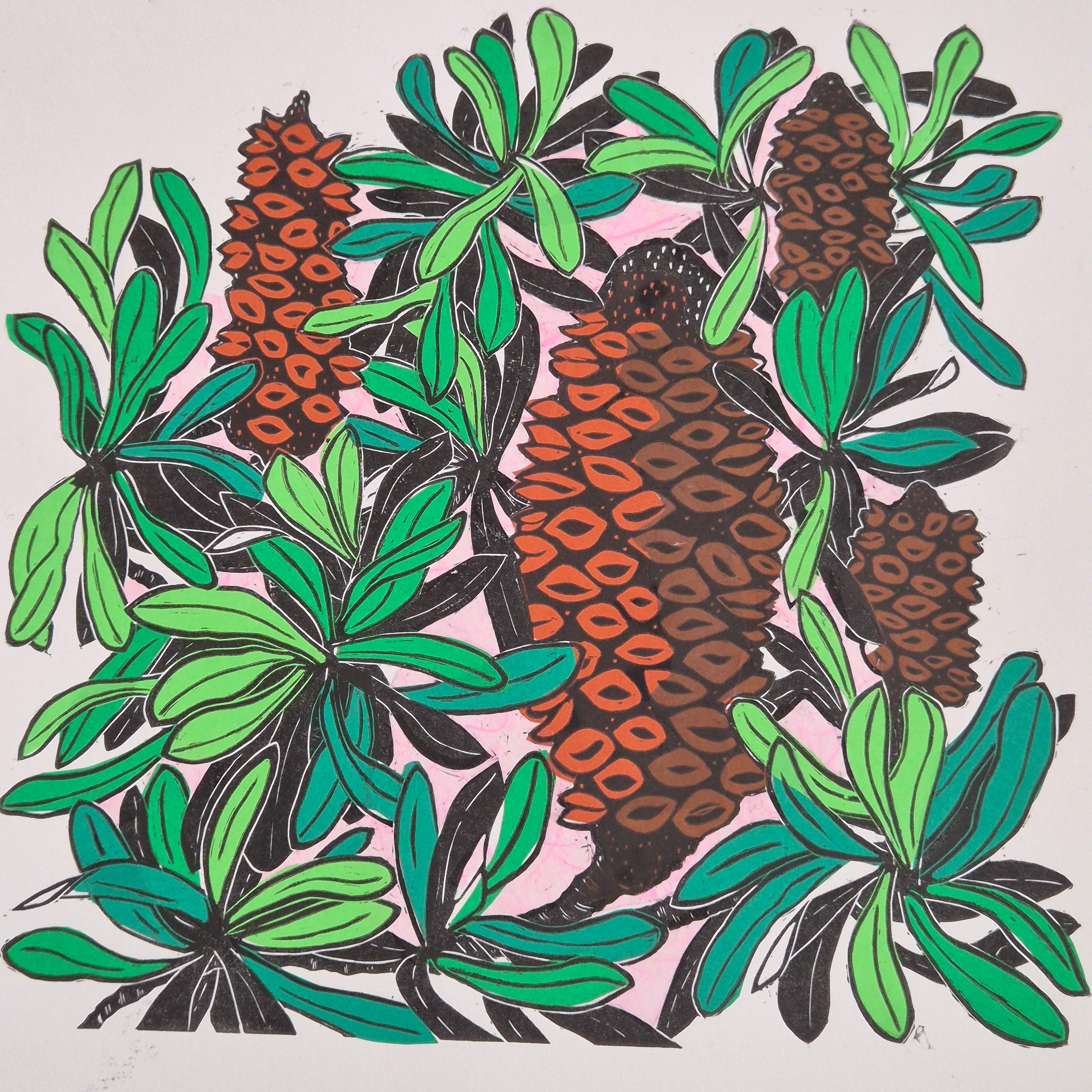 Banksia linocut original artwork chine colle Pink Sky
