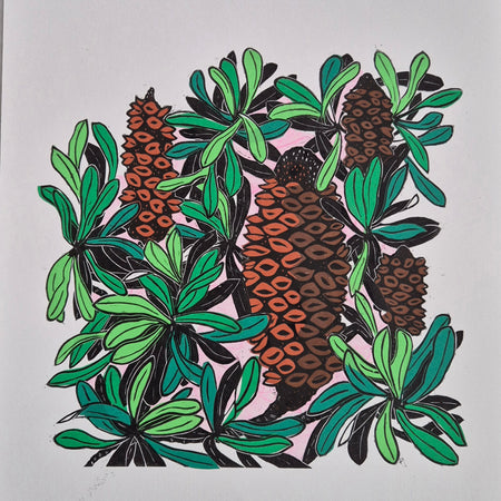 Banksia linocut original artwork chine colle Pink Sky
