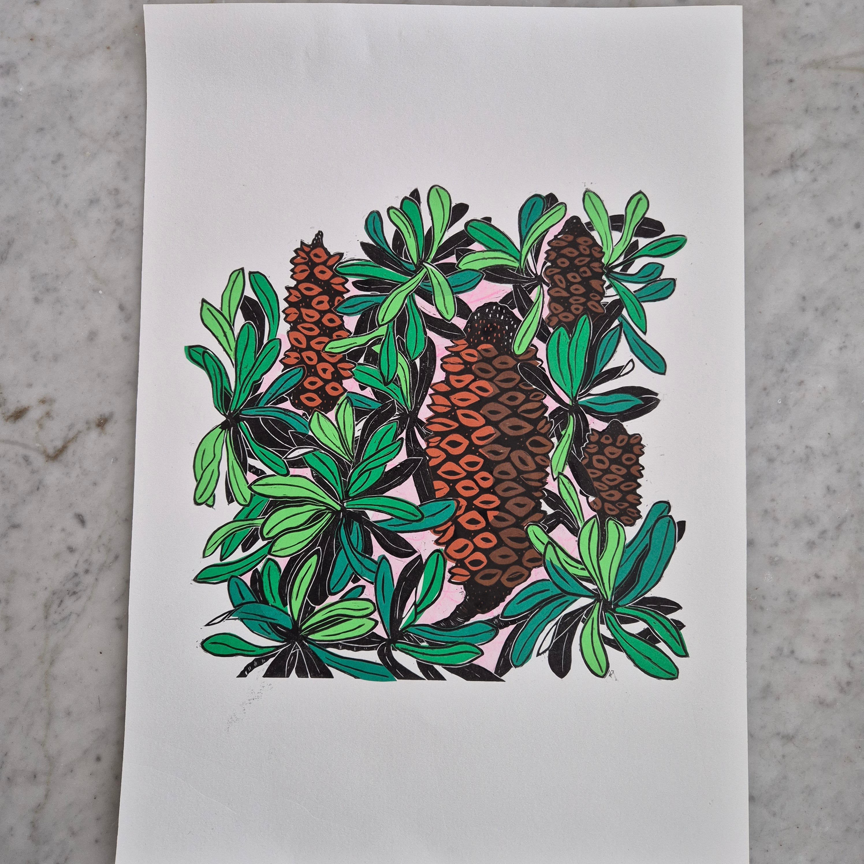 Banksia linocut original artwork chine colle Pink Sky