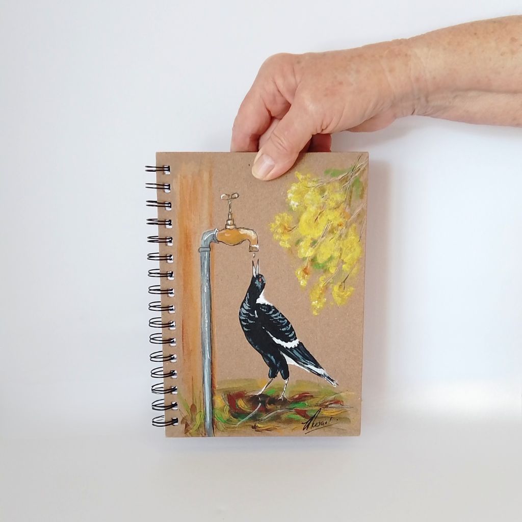 Magpie handpainted Notebook with wattle