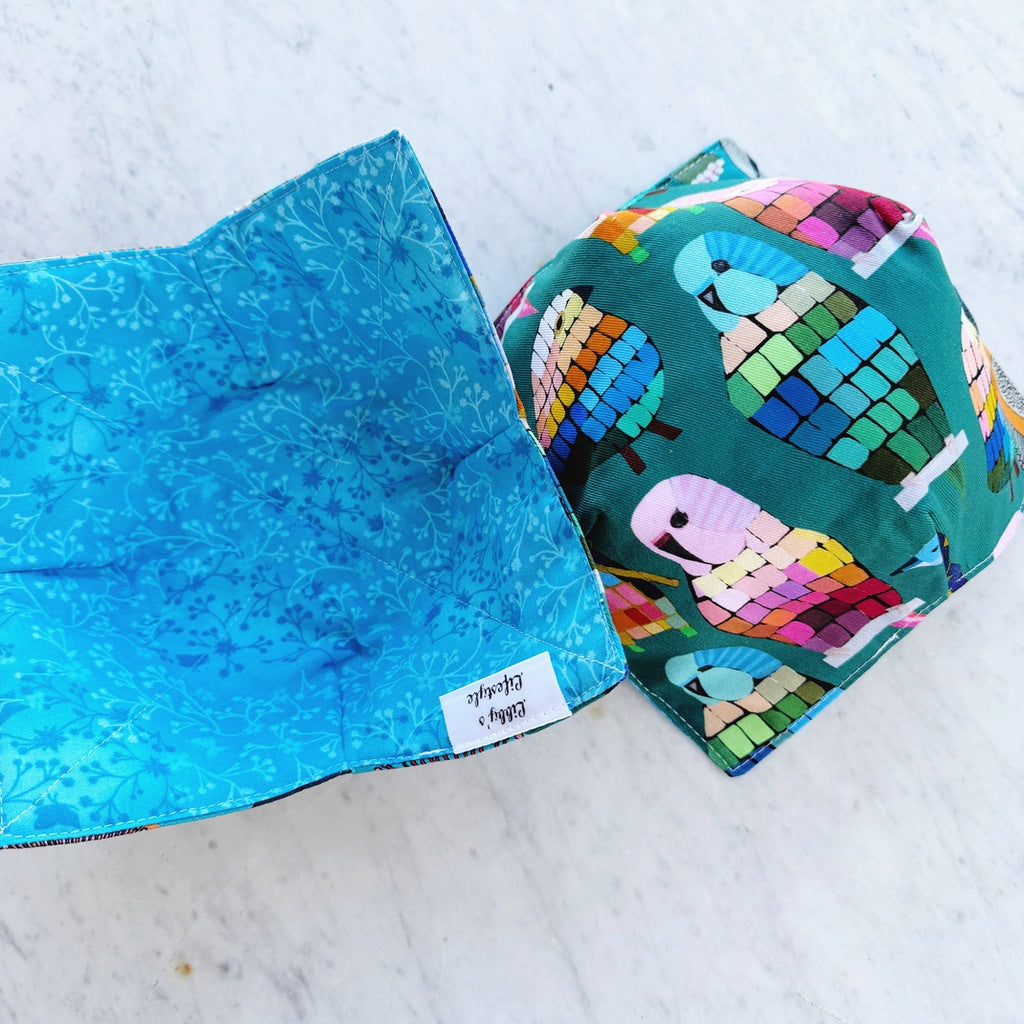 Set of two, budgies and flowers microwave bowl cosies. Soup and porridge hot bowl holders.