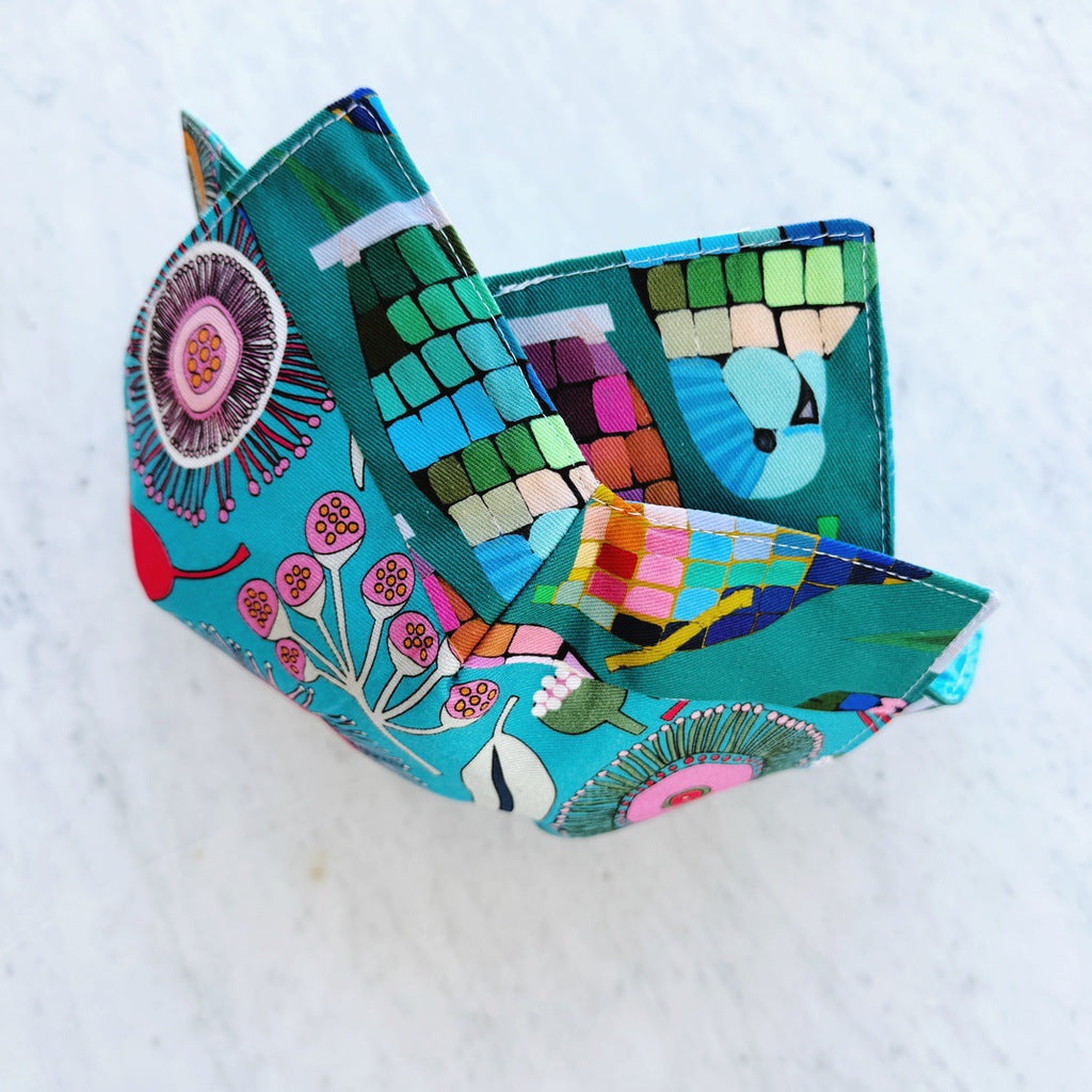 Set of two, budgies and flowers microwave bowl cosies. Soup and porridge hot bowl holders.