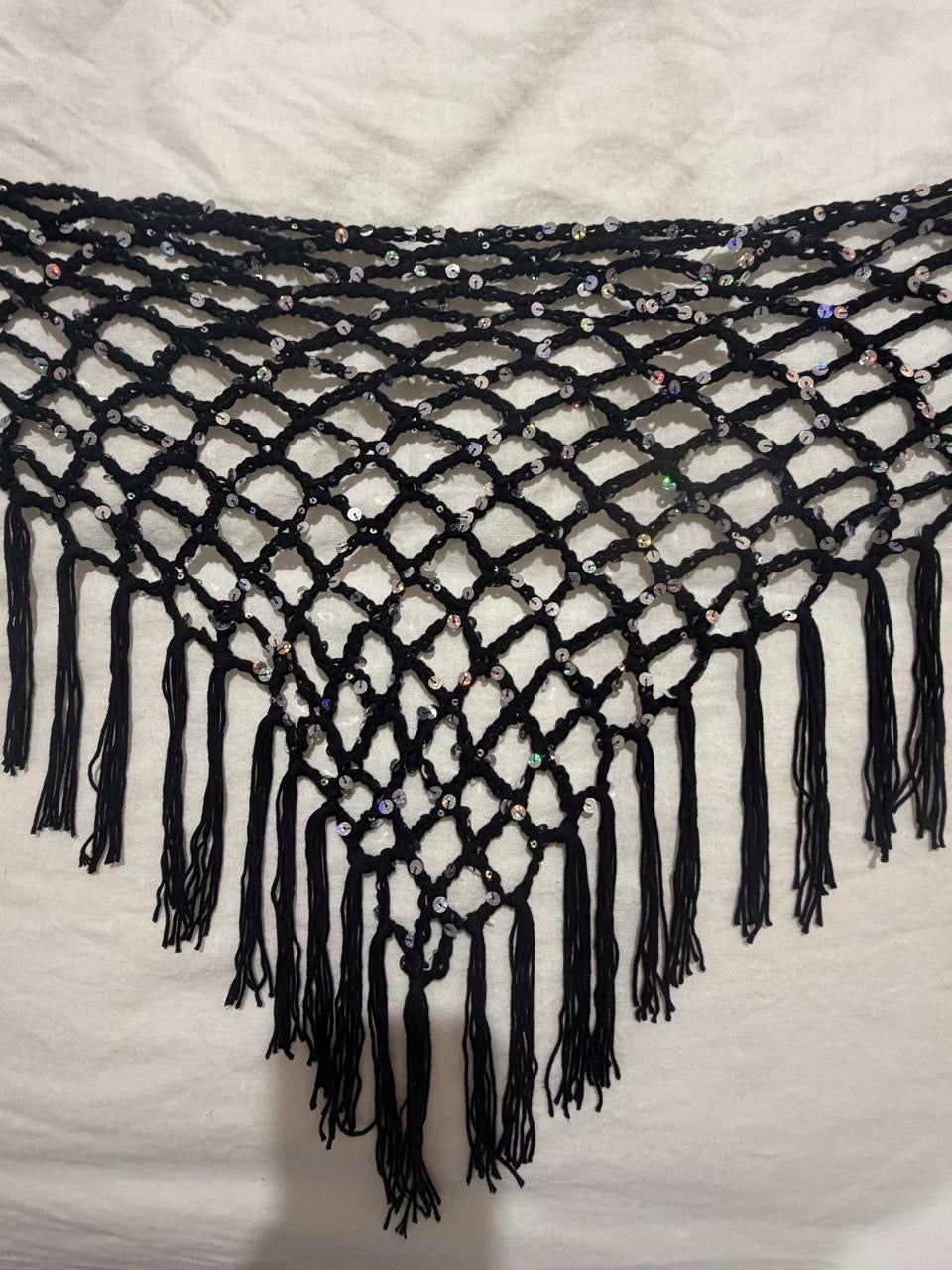 Black with Silver Sequins Fringed Waist Scarf