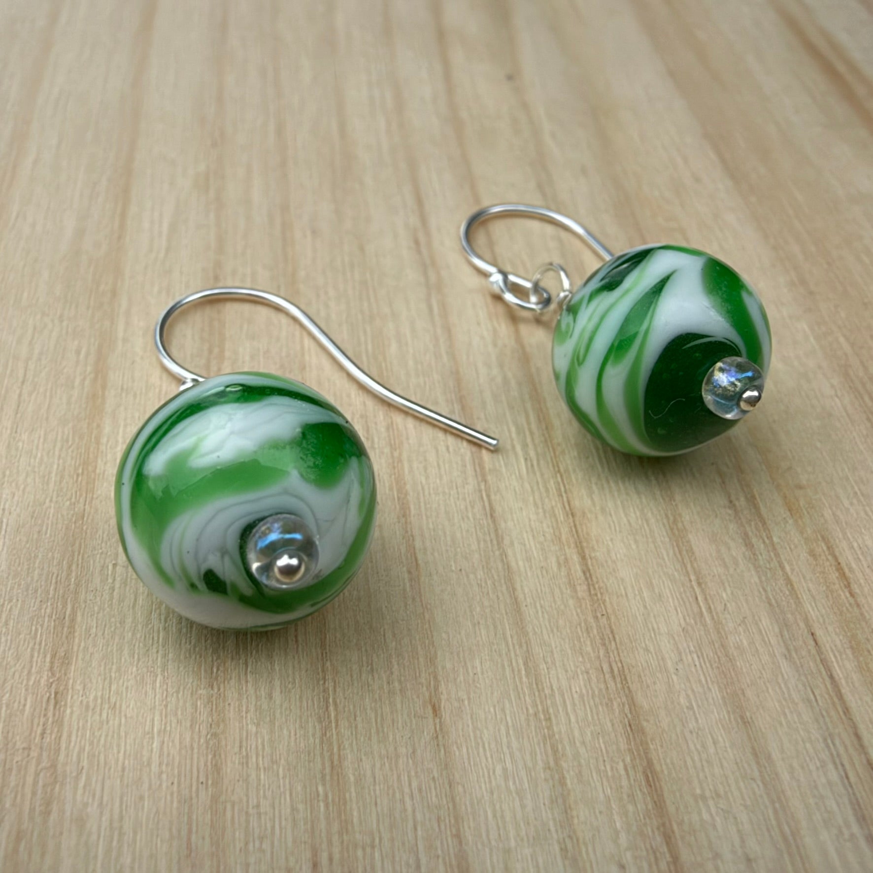Green and White Lampwork Bead Earrings Sterling Silver