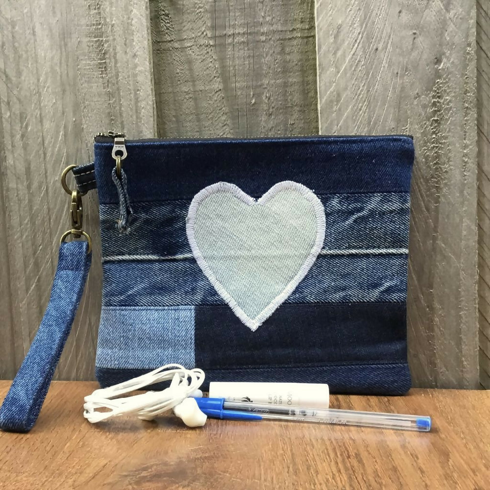 Upcycled Denim Clutch - Blue Heart