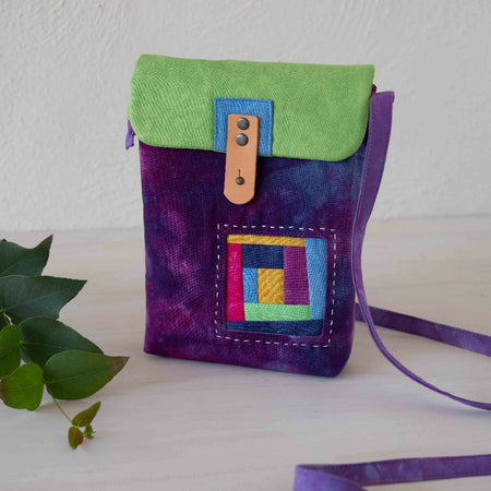 Ice Dyed Small Messenger/Cross Body Bag. Purple/Green