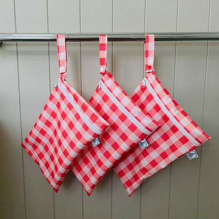 Water-resistant wet bags - Garden Party Picnic Gingham Coral Red (JacSlade)