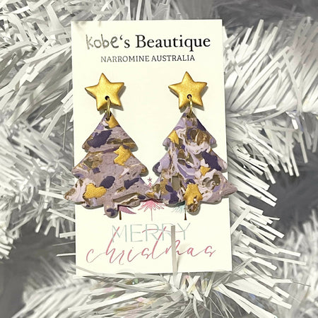 Purple and Gold Christmas Tree Earrings