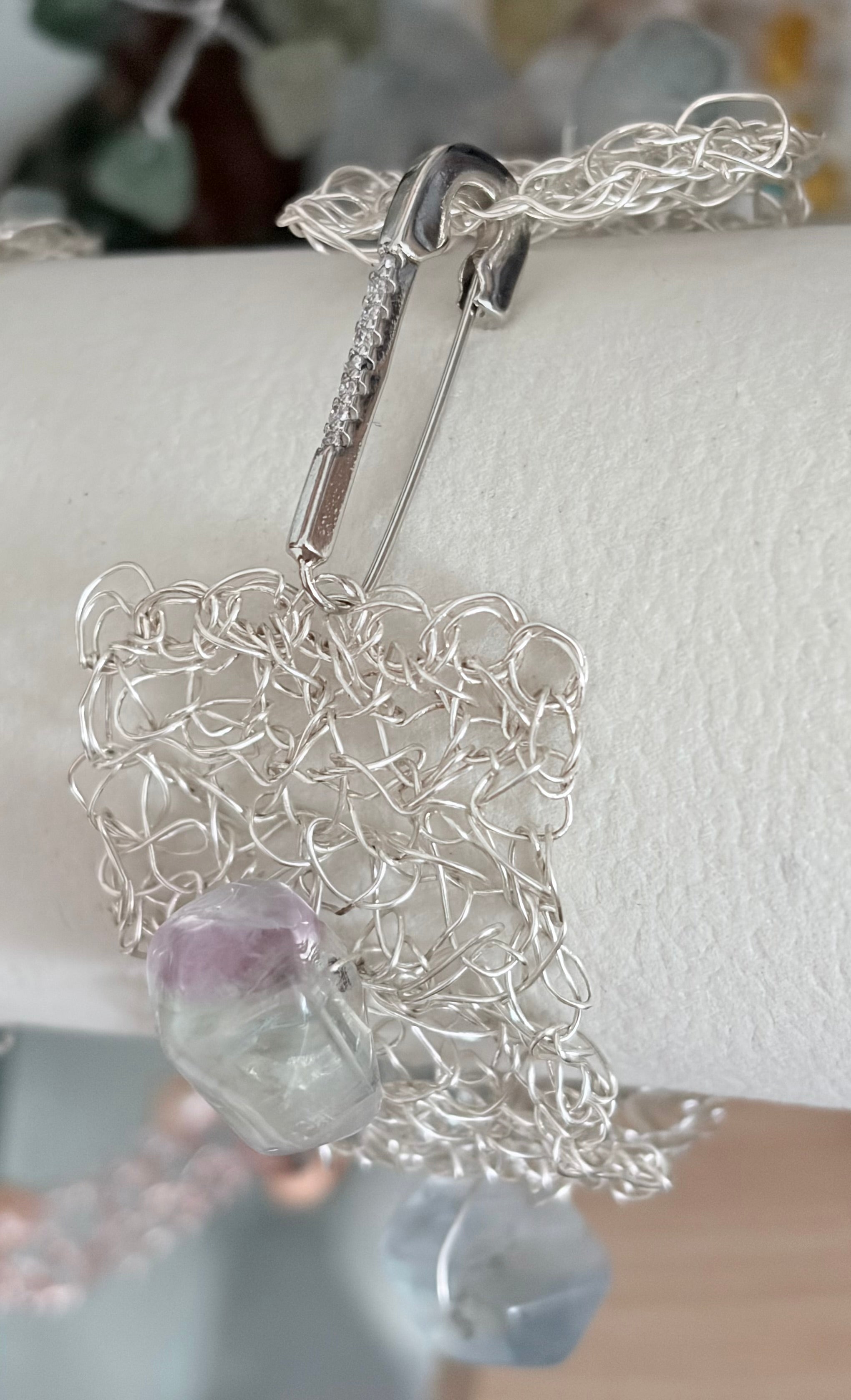 “Fluorite Dream” — silver-blend crochet bracelet